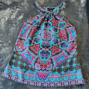 Etcetera Women Silk Halter Top Sz 6 Multicolor Boho Print Braided Knott Neckline